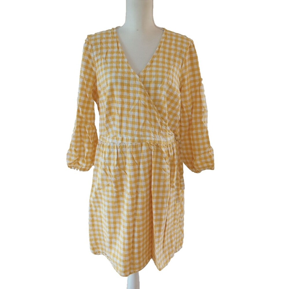Old Navy Wrap Dress XL Yellow White Gingham Plaid Long Sleeve Cottagecore Cotton